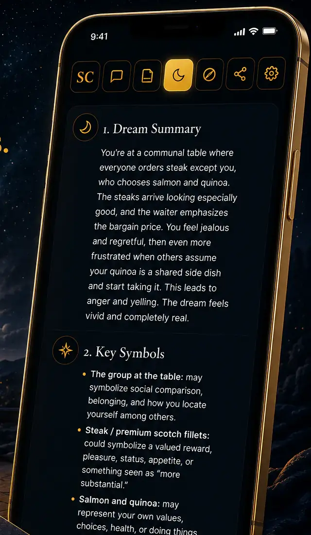 A Shadow Companion dream analysis showing a Dream Summary and Key Symbols.