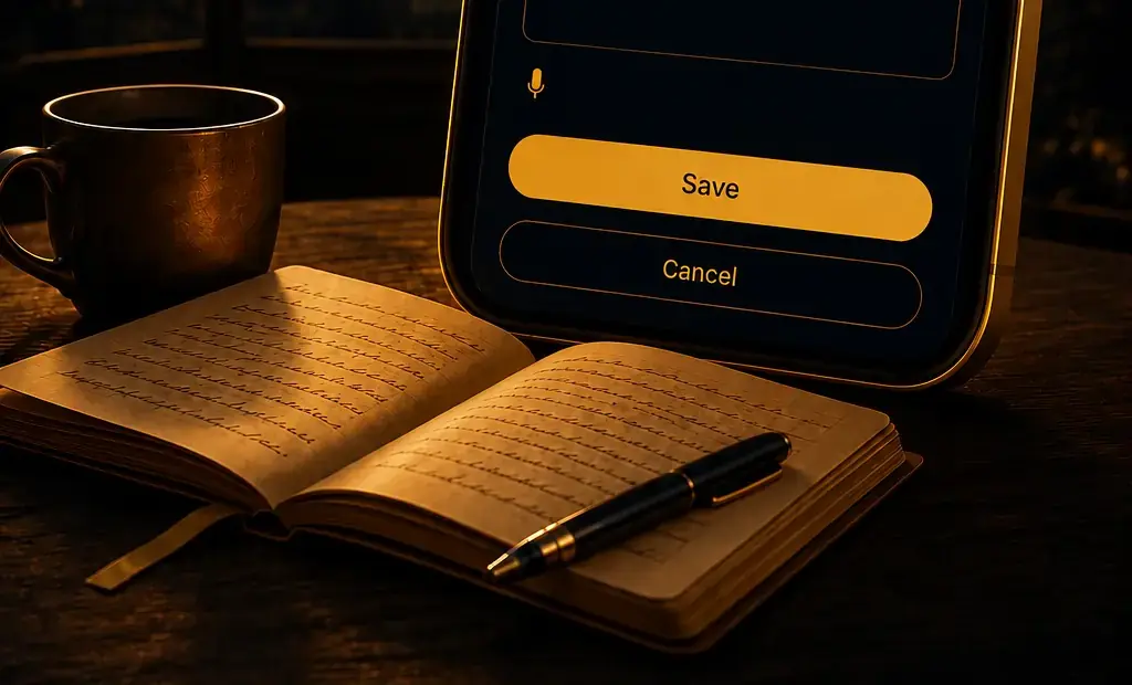 An open handwritten journal and pen in warm golden lamplight beside a cup and the Shadow Companion journal on a phone.