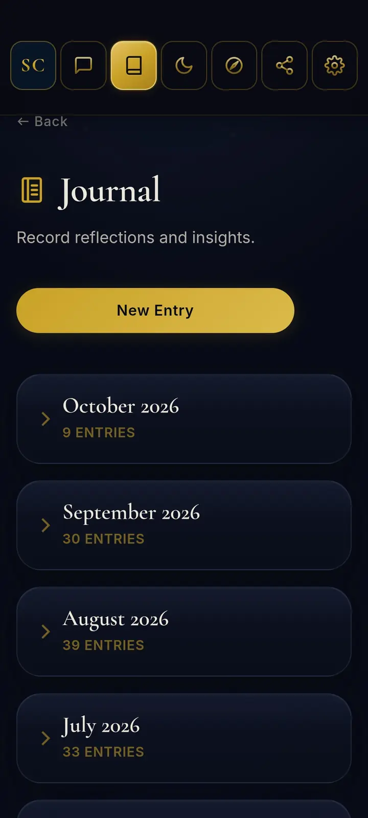 The Shadow Companion Journal screen: a New Entry button above entries grouped by month — October, September, August and July 2026.