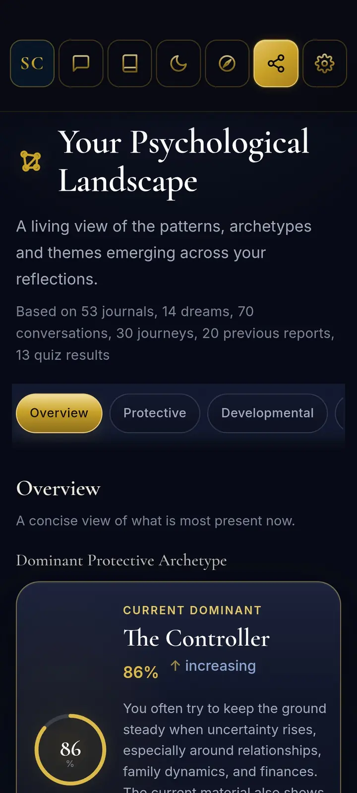 The Shadow Companion Psychological Landscape screen, showing an overview of the dominant protective archetype drawn from journals, dreams, conversations and journeys.
