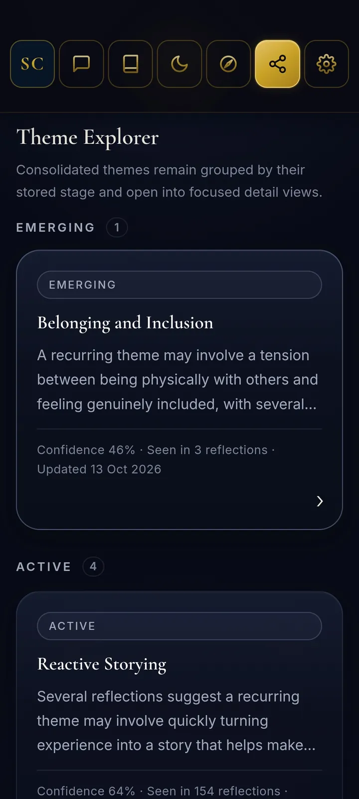 The Theme Explorer, listing emerging and active psychological themes such as Belonging and Inclusion and Reactive Storying.