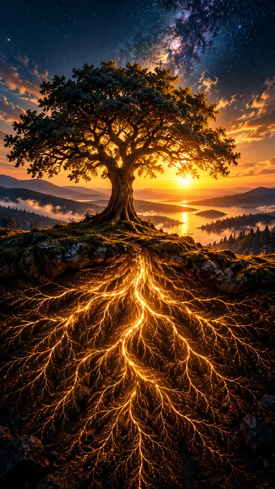 A luminous tree on a hilltop at sunset beneath the Milky Way, its roots glowing gold through the earth below.