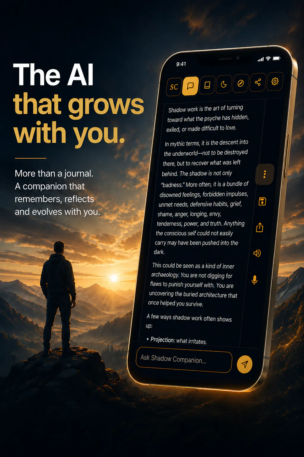 &ldquo;The AI that grows with you&rdquo; — Shadow Companion open on a phone above a mountain sunrise, mid-conversation explaining shadow work. More than a journal: a companion that remembers, reflects and evolves with you.