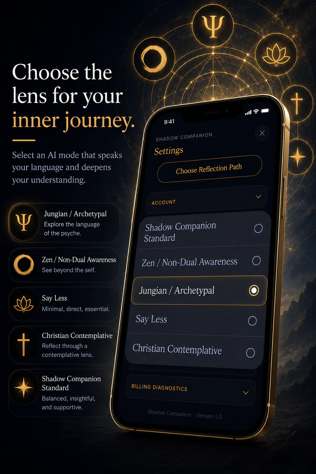 &ldquo;Choose the lens for your inner journey&rdquo; — Shadow Companion's AI mode settings offering five reflection paths: Shadow Companion Standard, Zen / Non-Dual Awareness, Jungian / Archetypal, Say Less, and Christian Contemplative.