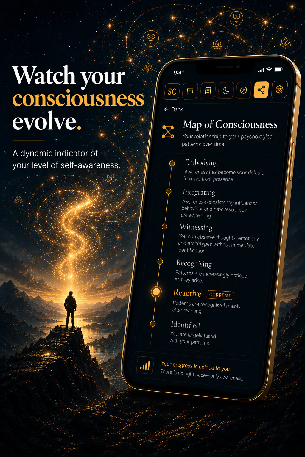 &ldquo;Watch your consciousness evolve&rdquo; — Shadow Companion's Map of Consciousness, a dynamic indicator of self-awareness moving through Identified, Reactive, Recognising, Witnessing, Integrating and Embodying.