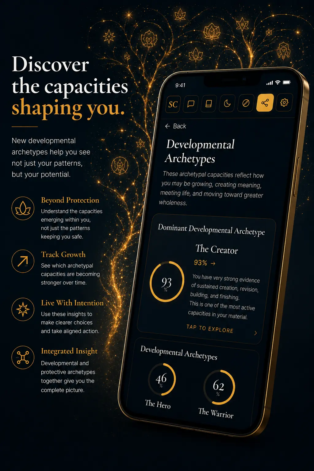Shadow Companion Developmental Archetypes screen showing The Creator, The Hero and The Warrior as emerging psychological capacities.