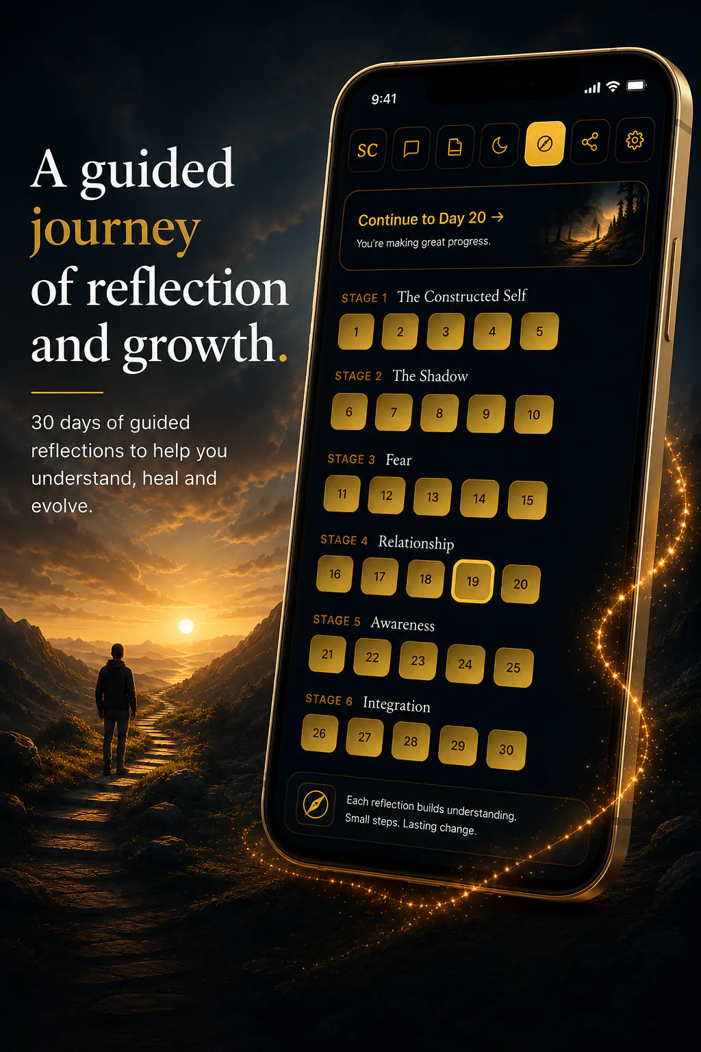 &ldquo;A guided journey of reflection and growth&rdquo; — the Shadow Companion journey screen showing 30 days of guided reflections across six stages: The Constructed Self, The Shadow, Fear, Relationship, Awareness and Integration, above a sunrise mountain path.