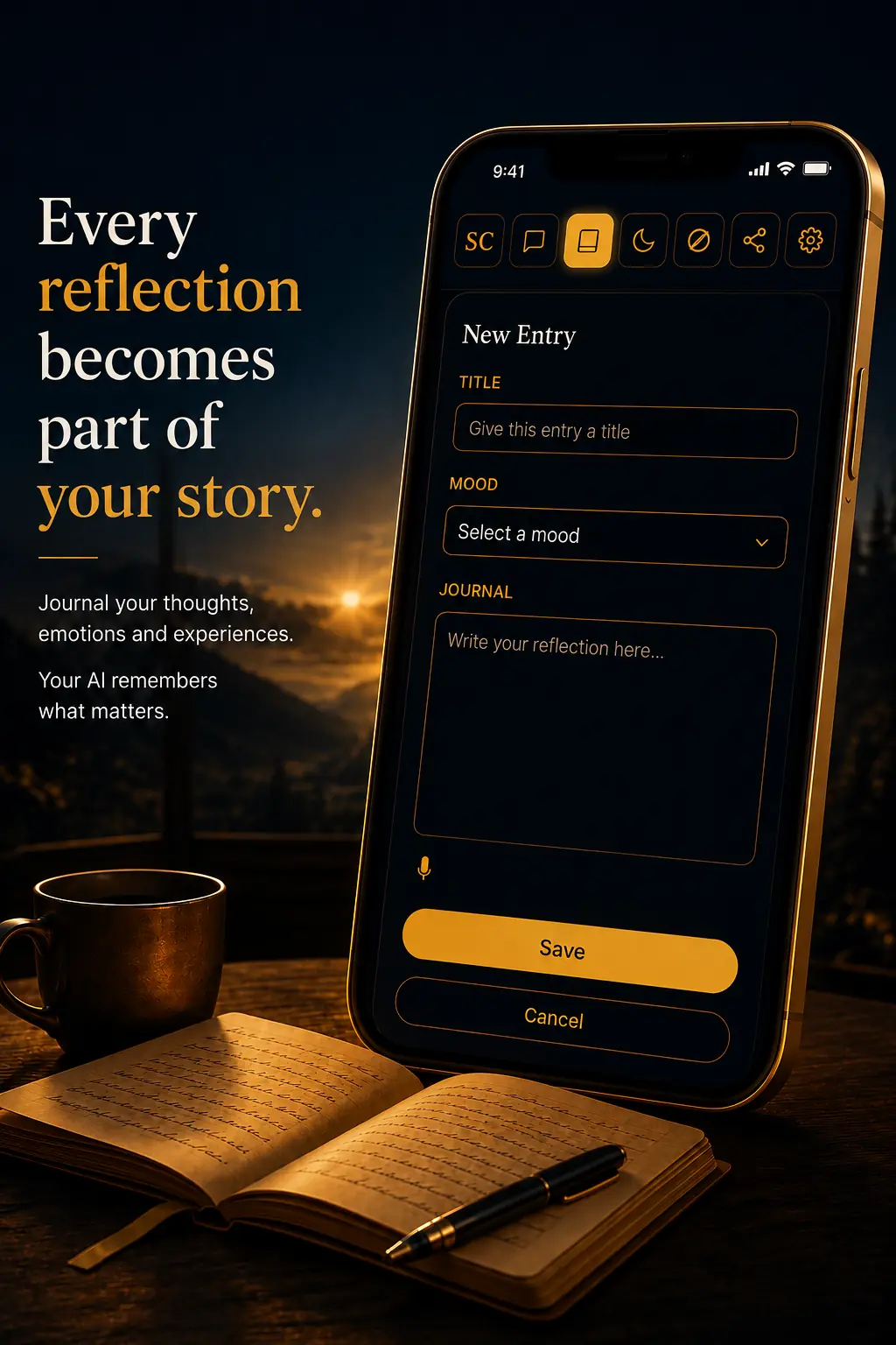 &ldquo;Every reflection becomes part of your story&rdquo; — the Shadow Companion new journal entry screen with title, mood and reflection fields, beside an open handwritten journal and a cup of coffee. Journal your thoughts, emotions and experiences; your AI remembers what matters.