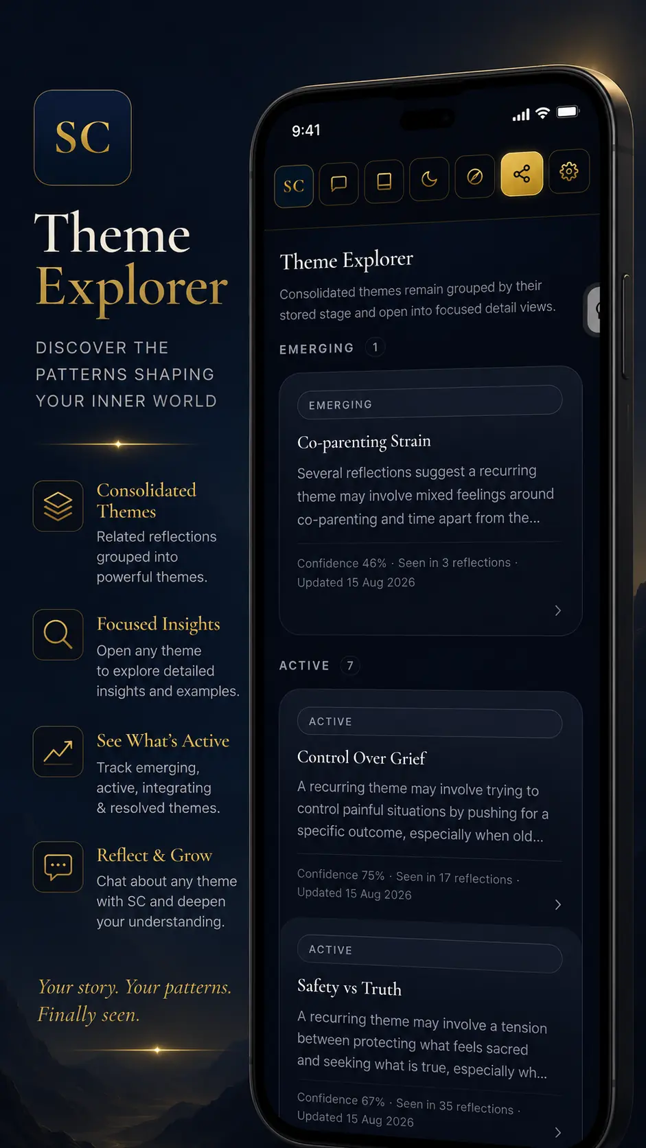 Shadow Companion Themes and self-awareness product screenshot showing the Theme Explorer, consolidated psychological themes, focused insights, and active inner patterns in a premium phone frame.