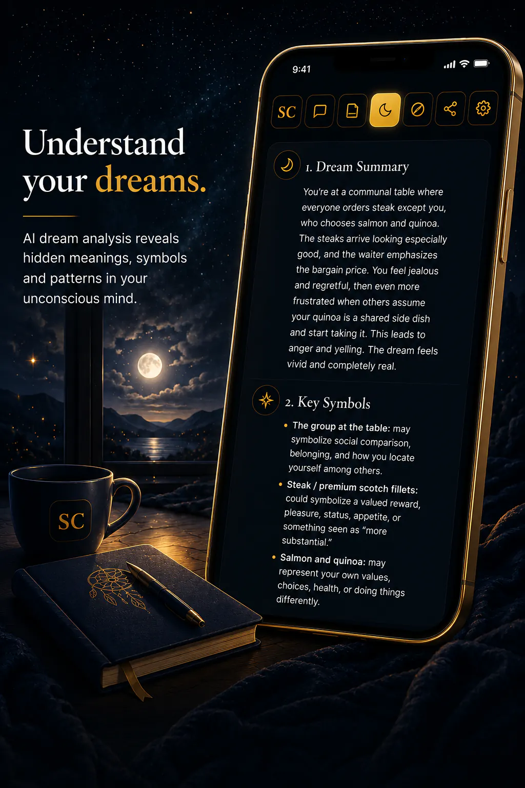 &ldquo;Understand your dreams&rdquo; — an AI dream analysis in Shadow Companion showing a dream summary and key symbols, beside a moonlit window, a dream journal and a cup. AI reveals hidden meanings, symbols and patterns in your unconscious mind.